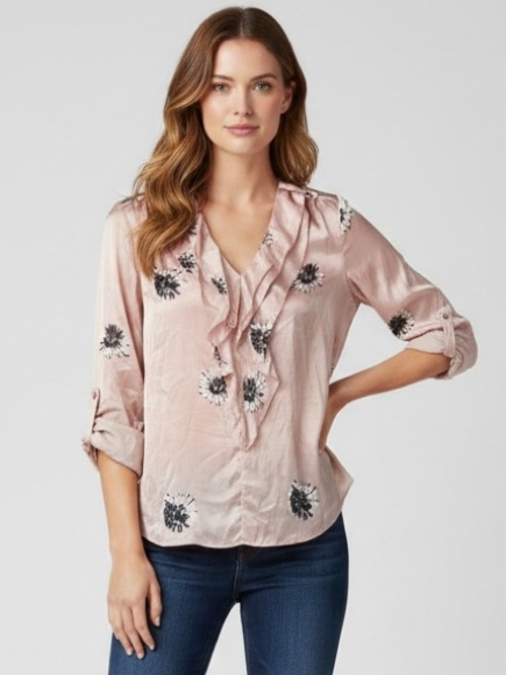 Rebecca Taylor | Silk blend floral pink cuffed sleeves blouse size 4